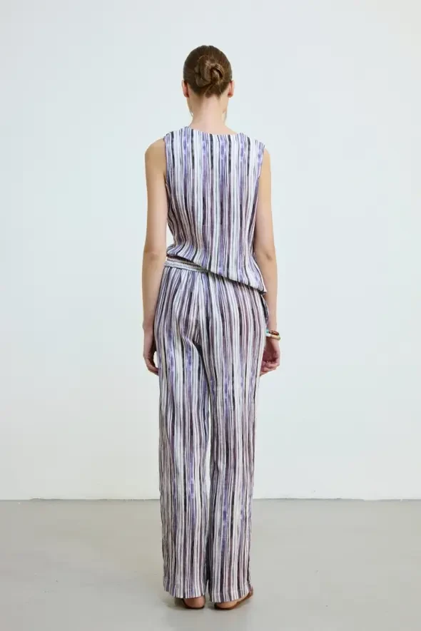 Çizgili Müslin Pamuk Pantolon - Lila - 6