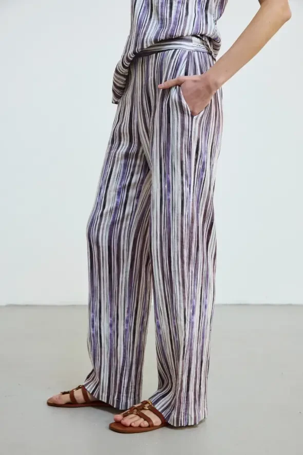 Çizgili Müslin Pamuk Pantolon - Lila - 5