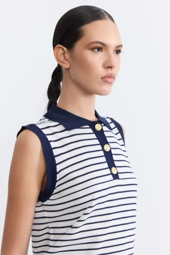 Çizgili Polo Yaka Kolsuz Bluz - Lacivert - 3