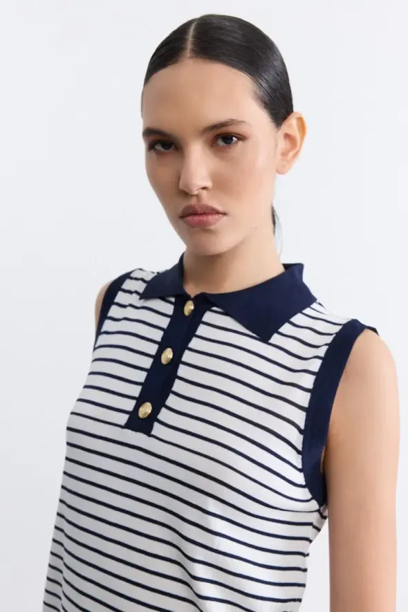 Çizgili Polo Yaka Kolsuz Bluz - Lacivert - 4