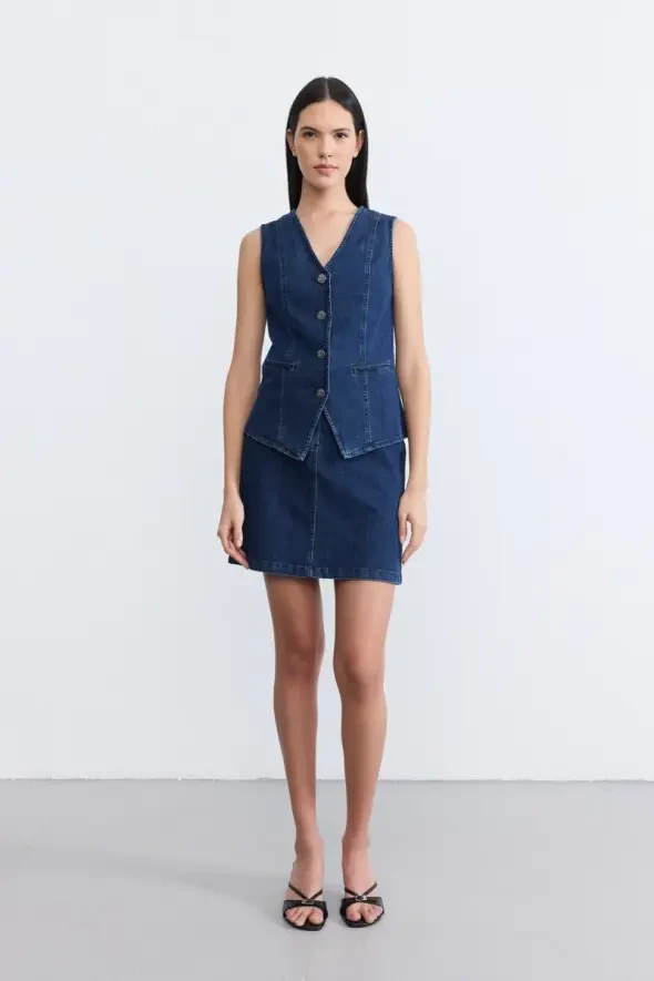 Denim Mini Etek - Mavi - 1