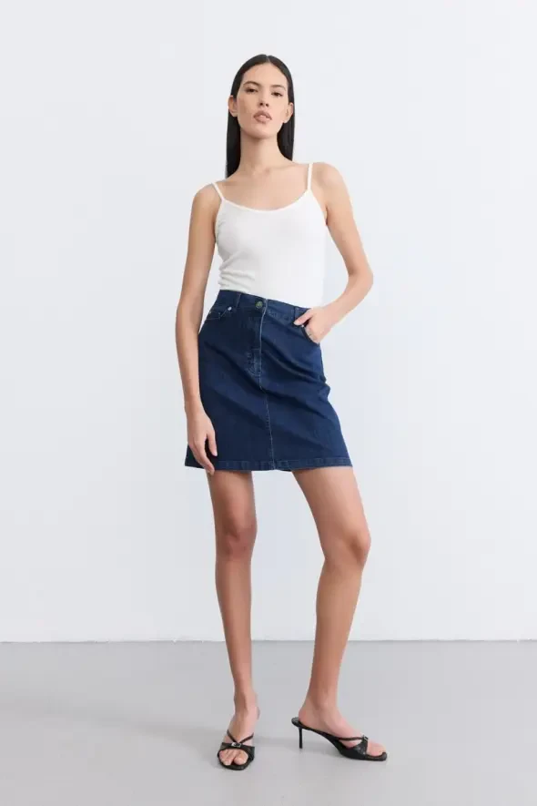Denim Mini Etek - Mavi - 3