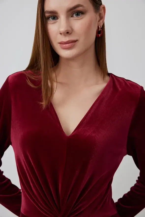 Düğümlü Uzun Kadife Elbise - Bordo - 4