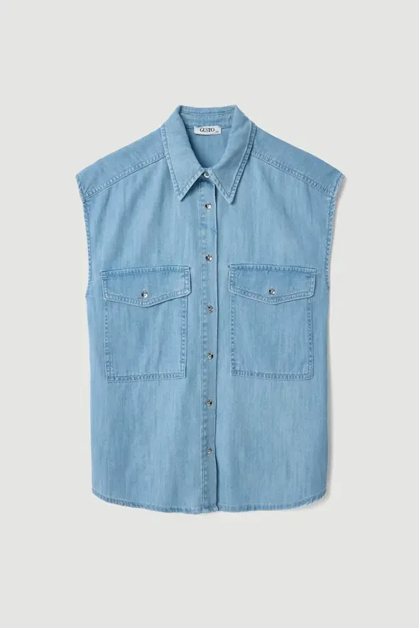 Düşük Kollu Tencel Denim Gömlek -Mavi - 6