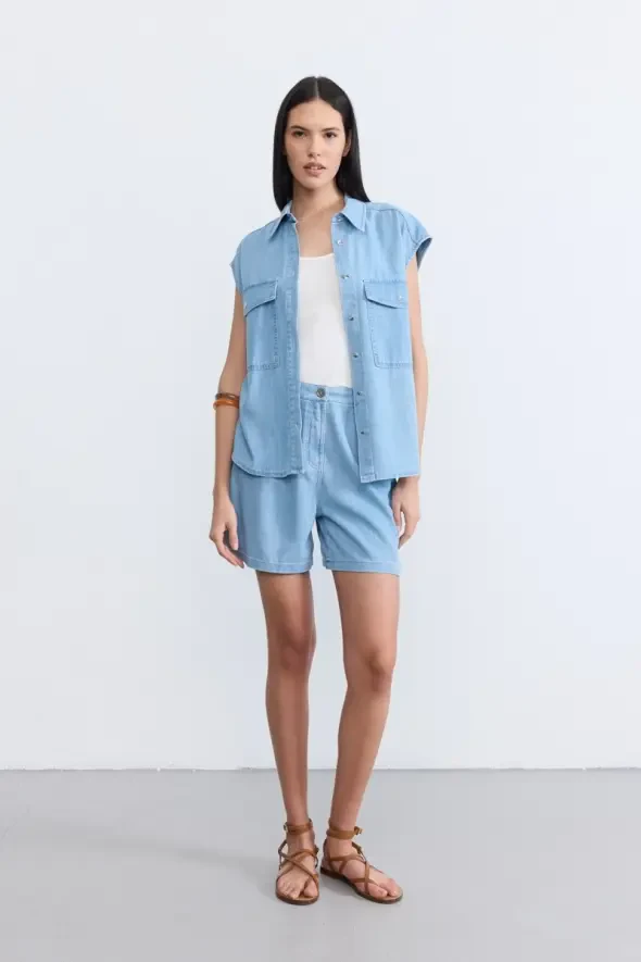 Düşük Kollu Tencel Denim Gömlek -Mavi - 2