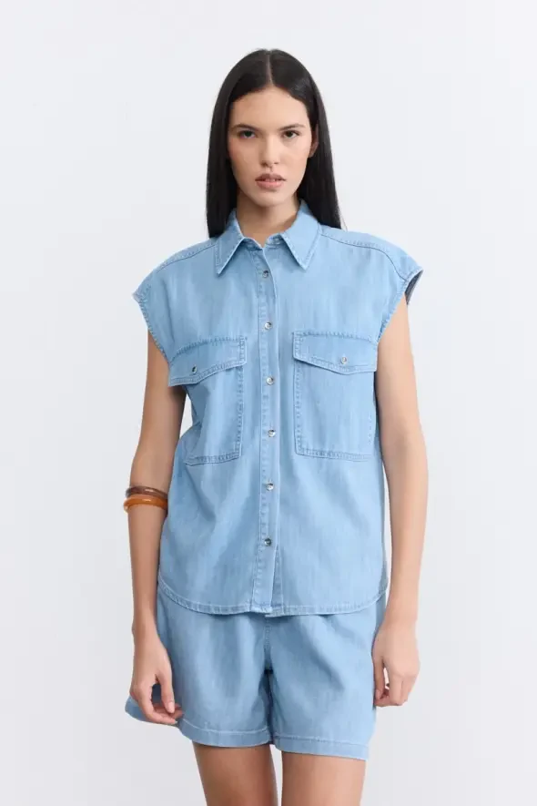Düşük Kollu Tencel Denim Gömlek -Mavi - 1