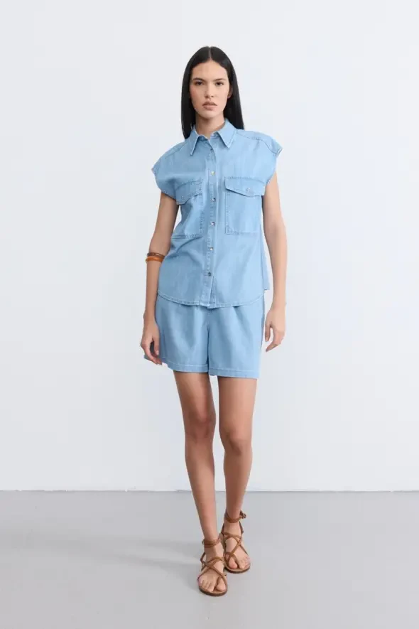 Düşük Kollu Tencel Denim Gömlek -Mavi - 3