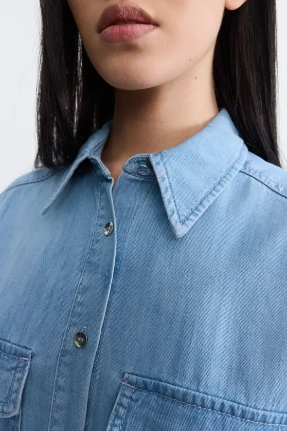 Düşük Kollu Tencel Denim Gömlek -Mavi - 4