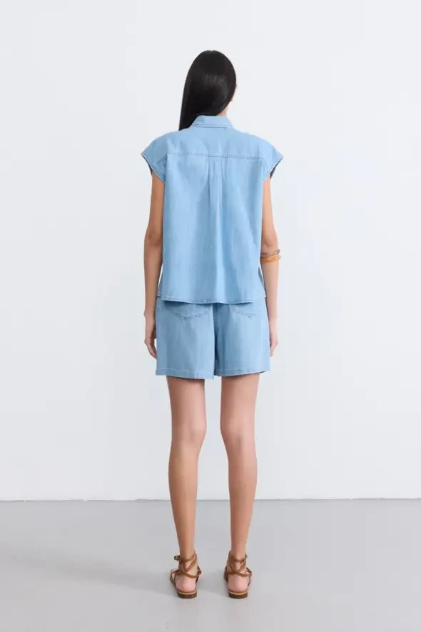 Düşük Kollu Tencel Denim Gömlek -Mavi - 5