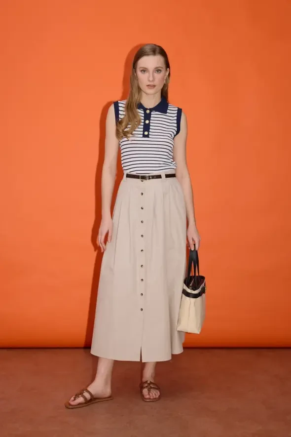 Belted Button-Front Long Skirt - Stone - 1