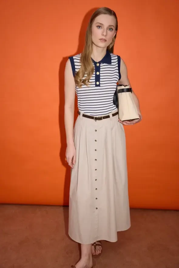Belted Button-Front Long Skirt - Stone - 2