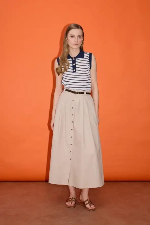 Belted Button-Front Long Skirt - Stone - 3