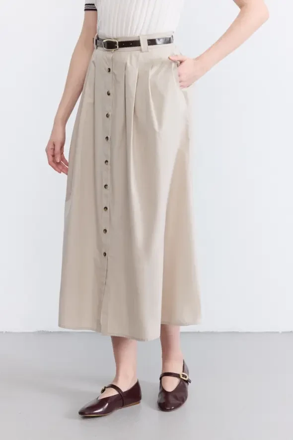 Belted Button-Front Long Skirt - Stone - 4