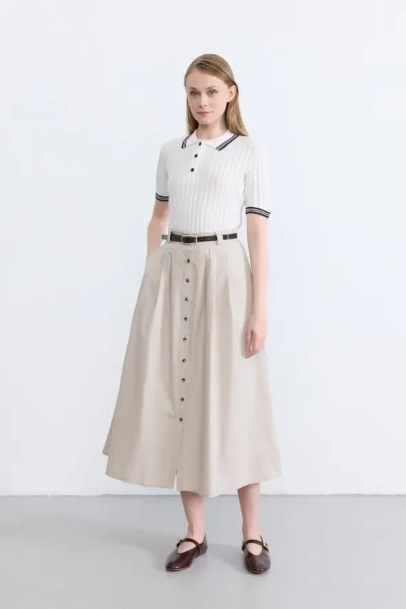 Belted Button-Front Long Skirt - Stone - 5