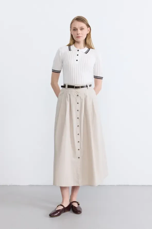 Belted Button-Front Long Skirt - Stone - 6