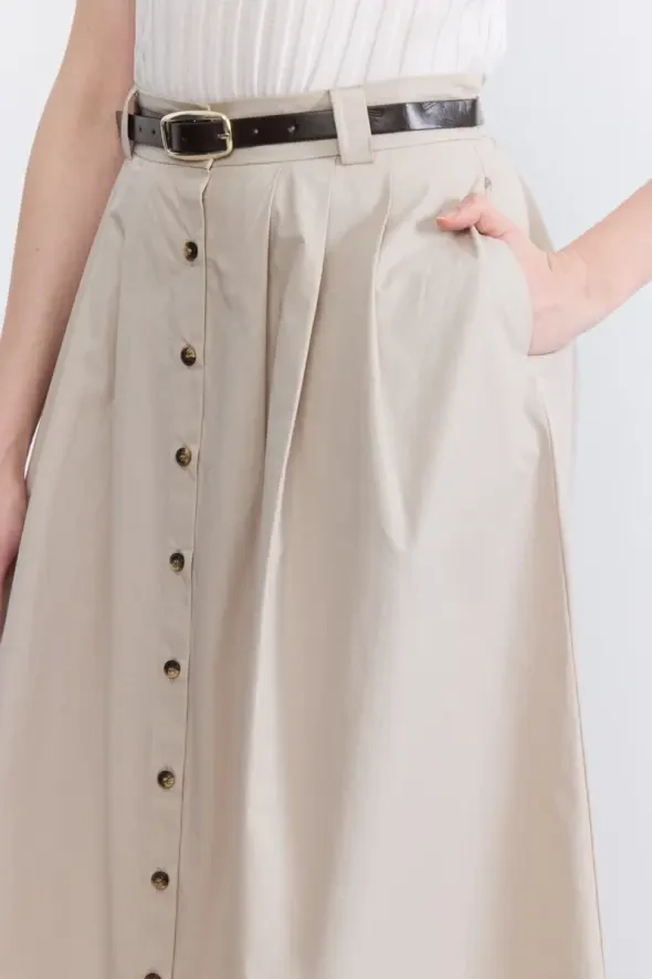Belted Button-Front Long Skirt - Stone - 7