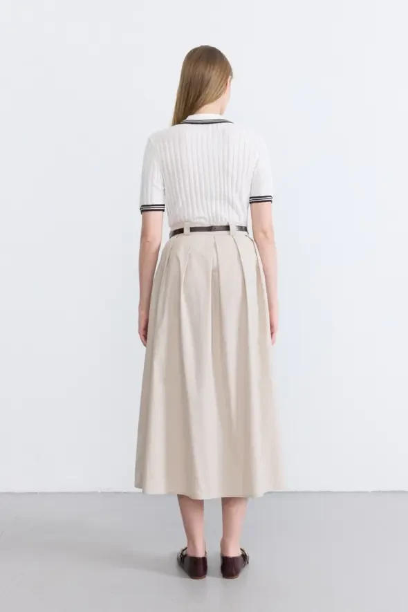 Belted Button-Front Long Skirt - Stone - 8