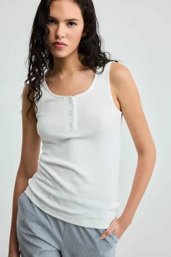 Buttoned Cotton Tank Top - Ecru - 1