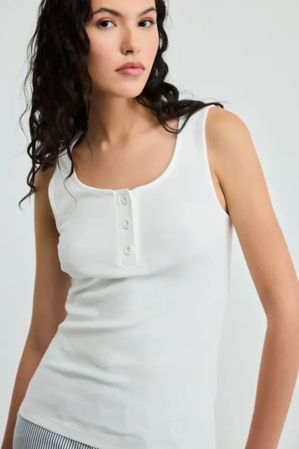 Buttoned Cotton Tank Top - Ecru - 3