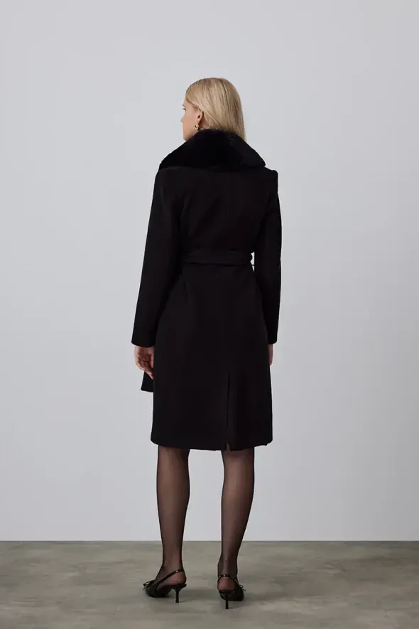 Cashmere Coat with Fur Collar - Black - 8
