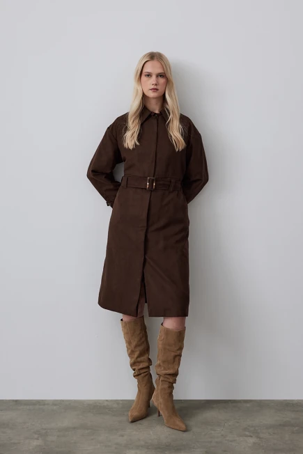 Chamois Trench Coat with Waist Belt - Brown Brown