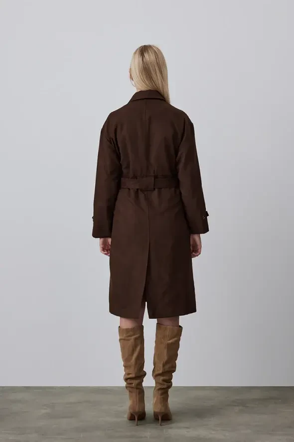 Chamois Trench Coat with Waist Belt - Brown - 6