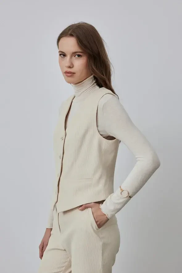 Corded Velvet Vest - Ecru - 3
