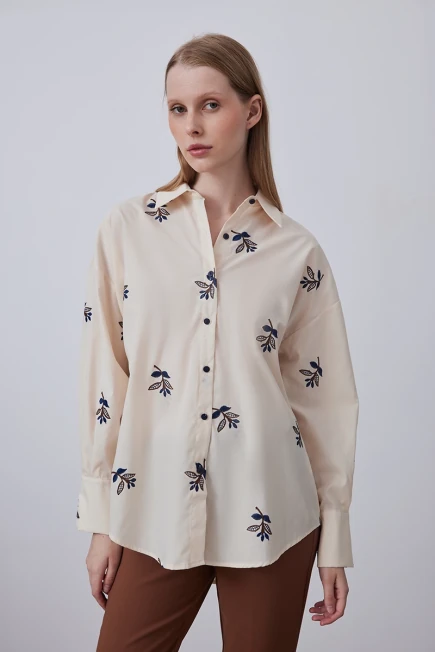 Cotton Shirt with Leaf Embroidery - Beige Beige