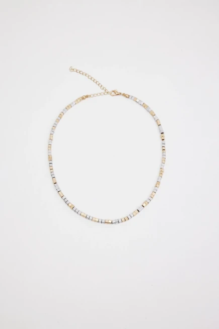 Cube Beaded Double Color Necklace - Gold Gold