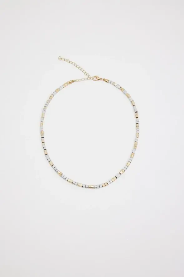 Cube Beaded Double Color Necklace - Gold - 1