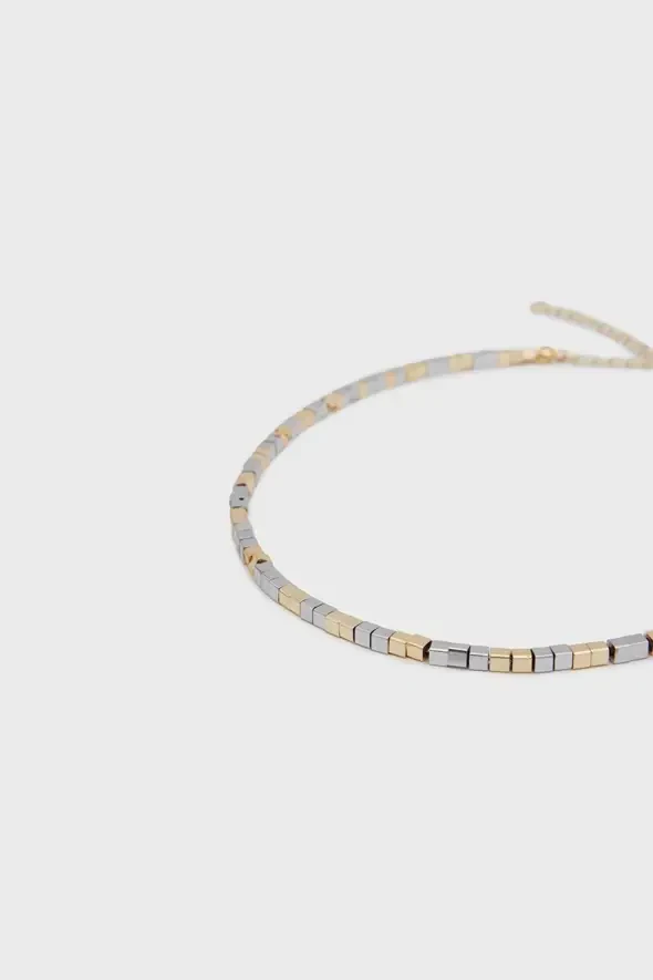 Cube Beaded Double Color Necklace - Gold - 2