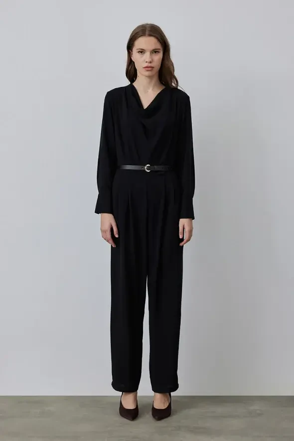 Degaje Jumpsuit with Collar Belt - Black - 2