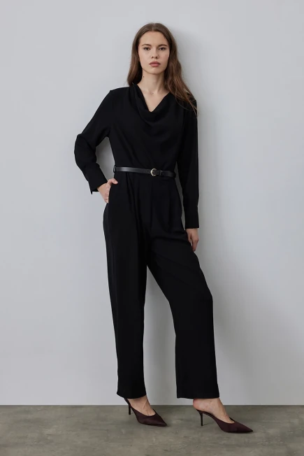 Degaje Jumpsuit with Collar Belt - Black Black