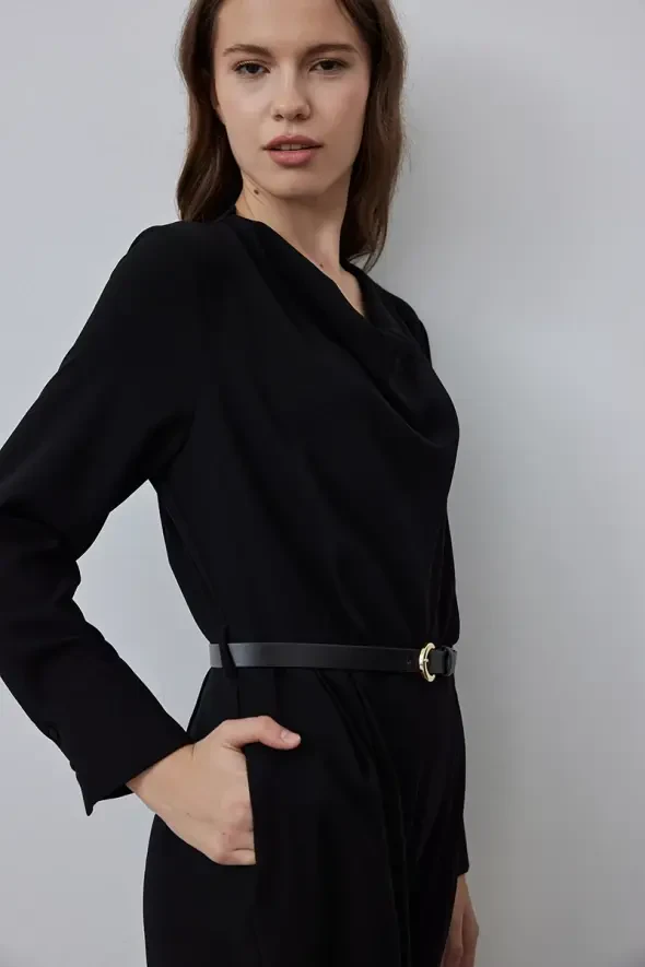 Degaje Jumpsuit with Collar Belt - Black - 3