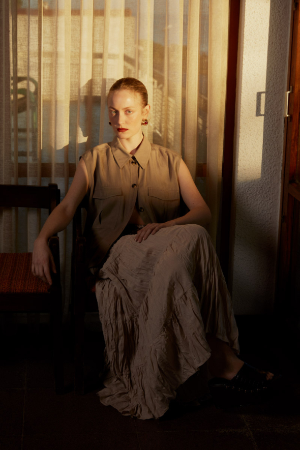 Drawstring Long Skirt - Beige - 2