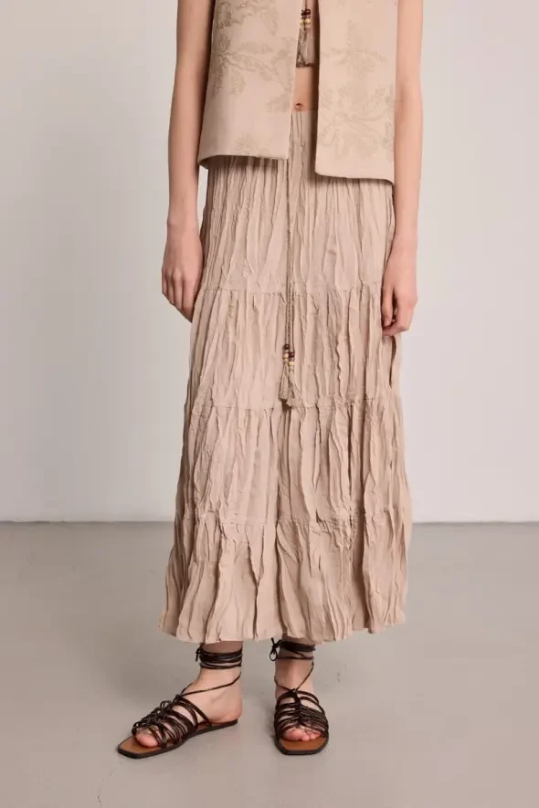 Drawstring Long Skirt - Beige - 3