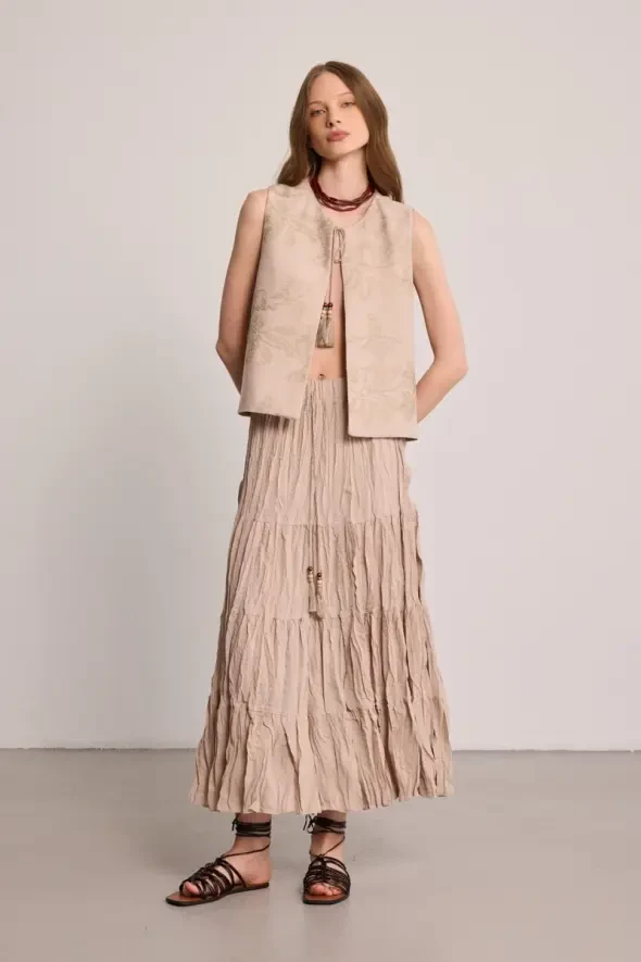 Drawstring Long Skirt - Beige - 4