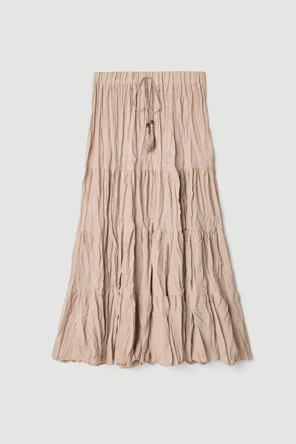 Drawstring Long Skirt - Beige - 6