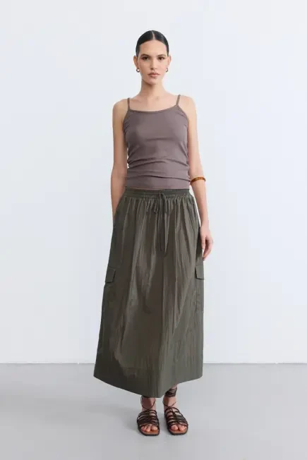 Drawstring Waist Long Skirt - Khaki Khaki