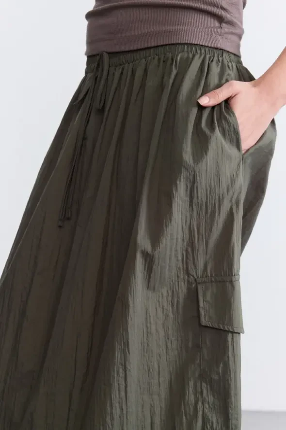 Drawstring Waist Long Skirt - Khaki - 2