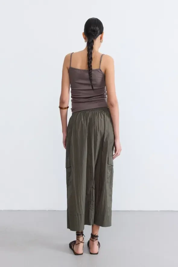 Drawstring Waist Long Skirt - Khaki - 3