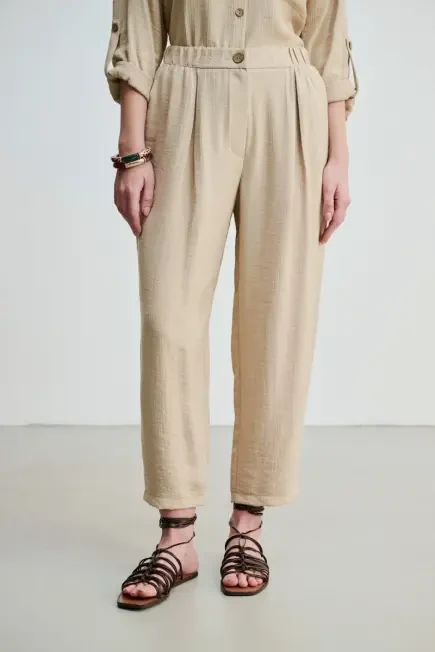 High Waist Pants with Crinkle Effect - Beige Beige