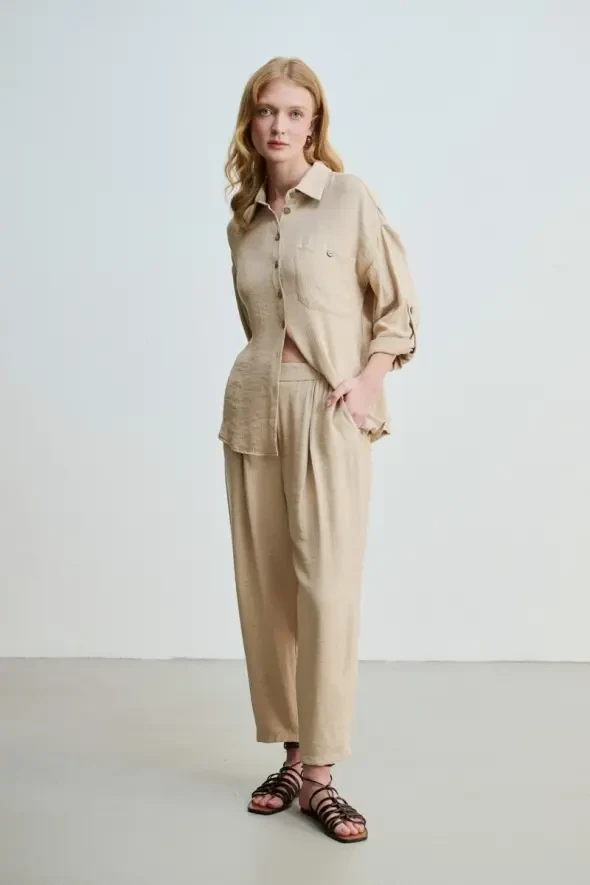 High Waist Pants with Crinkle Effect - Beige - 2