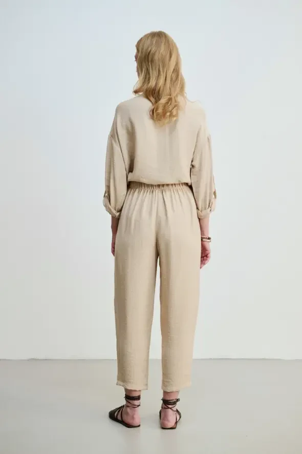 High Waist Pants with Crinkle Effect - Beige - 3