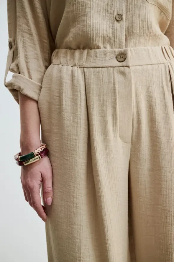 High Waist Pants with Crinkle Effect - Beige - 4