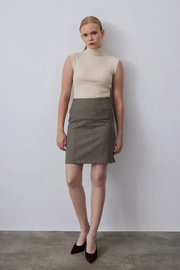 Houndstooth Mini Skirt - Brown - 4