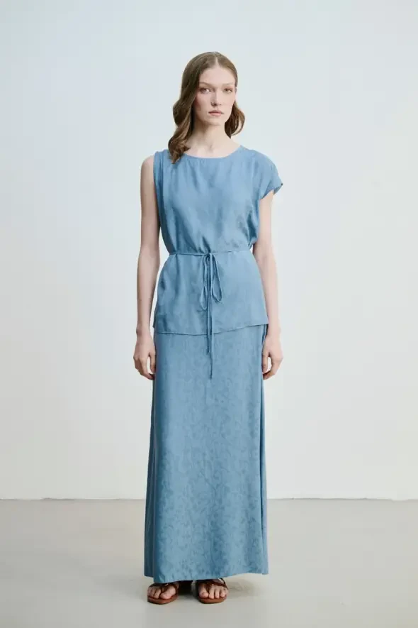 Jacquard Patterned Blouse with Waist Belt - Blue - 2