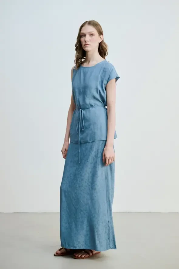 Jacquard Patterned Blouse with Waist Belt - Blue - 3