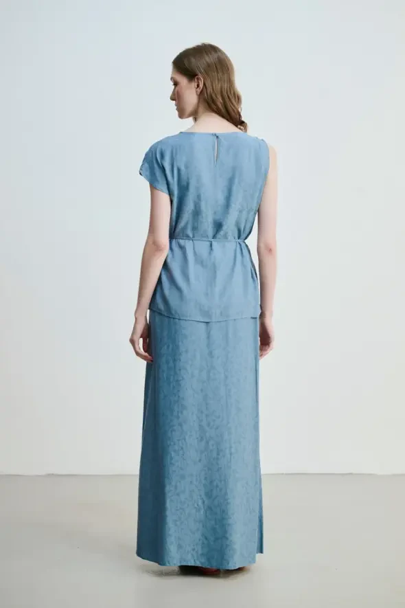 Jacquard Patterned Blouse with Waist Belt - Blue - 5