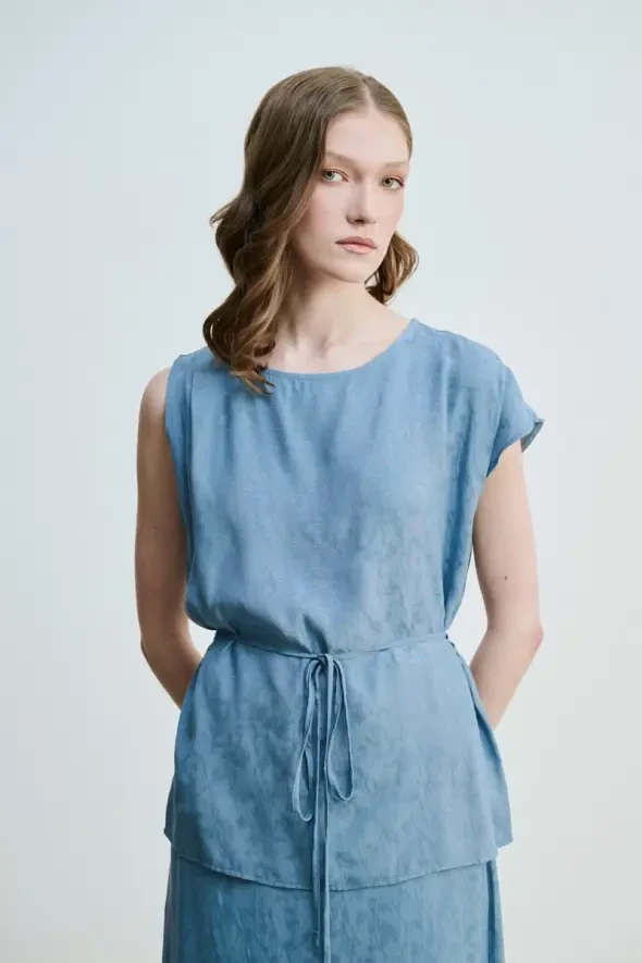 Jacquard Patterned Blouse with Waist Belt - Blue - 1